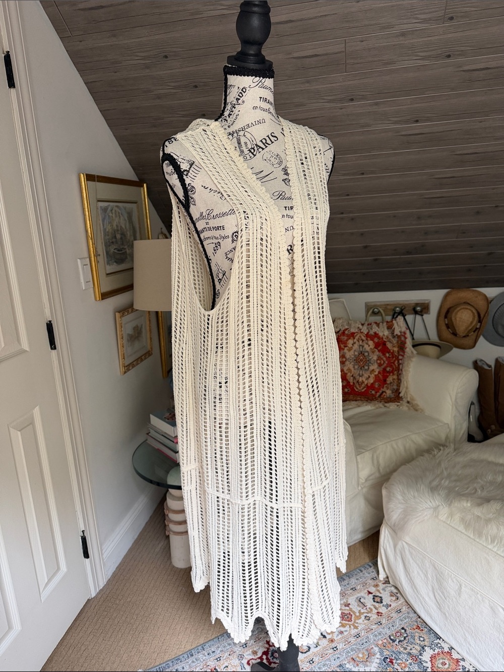 POL White Crochet Long Vest